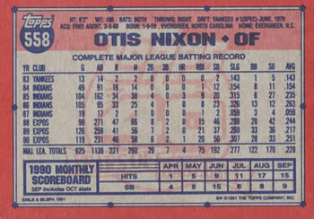 1991 Topps #558 Otis Nixon Back