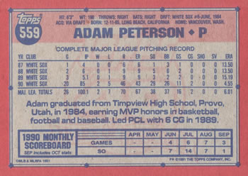 1991 Topps #559 Adam Peterson Back