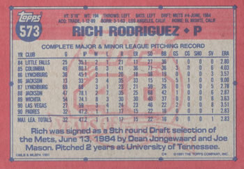 1991 Topps #573 Rich Rodriguez Back