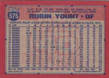 1991 Topps #575 Robin Yount Back