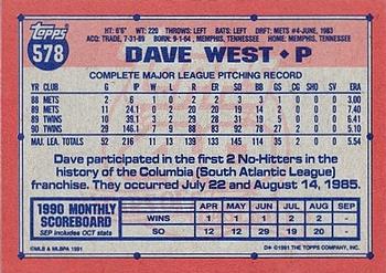 1991 Topps #578 Dave West Back