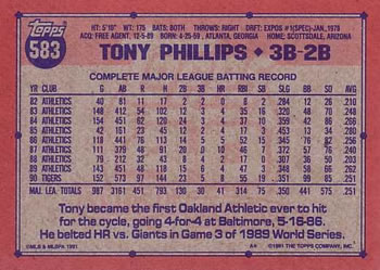 1991 Topps #583 Tony Phillips Back