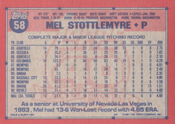 1991 Topps #58 Mel Stottlemyre Back