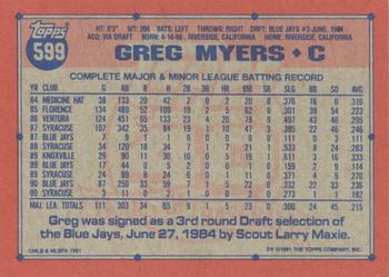 1991 Topps #599 Greg Myers Back