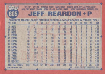 1991 Topps #605 Jeff Reardon Back