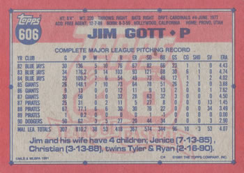 1991 Topps #606 Jim Gott Back