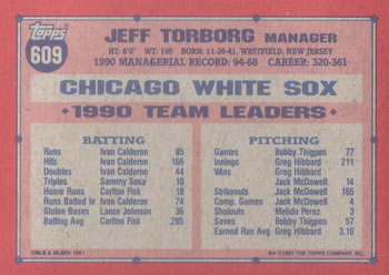 1991 Topps #609 Jeff Torborg Back