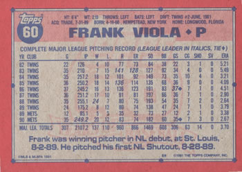 1991 Topps #60 Frank Viola Back