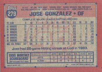 1991 Topps #279 Jose Gonzalez Back