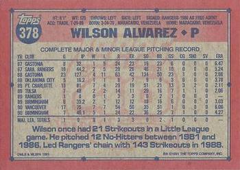 1991 Topps #378 Wilson Alvarez Back