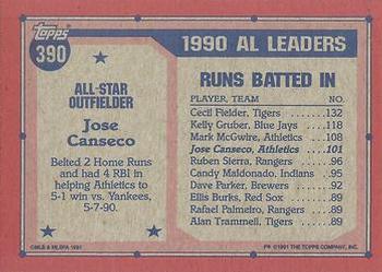 1991 Topps #390 Jose Canseco Back