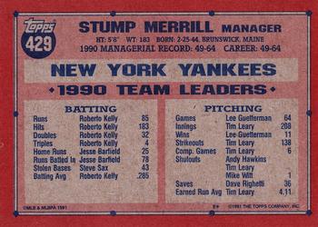 1991 Topps #429 Stump Merrill Back