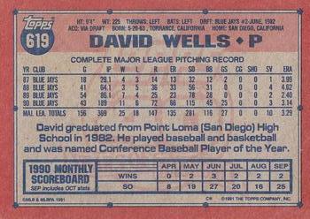 1991 Topps #619 David Wells Back
