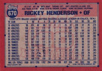 1991 Topps #670 Rickey Henderson Back