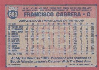 1991 Topps #693 Francisco Cabrera Back