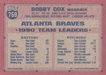 1991 Topps #759 Bobby Cox Back