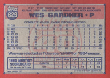 1991 Topps #629 Wes Gardner Back