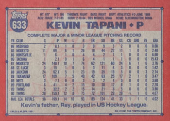1991 Topps #633 Kevin Tapani Back