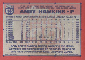 1991 Topps #635 Andy Hawkins Back