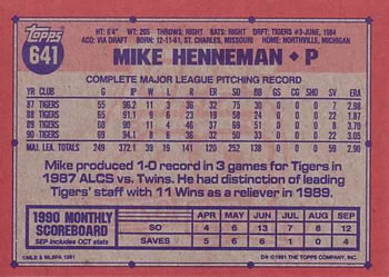 1991 Topps #641 Mike Henneman Back
