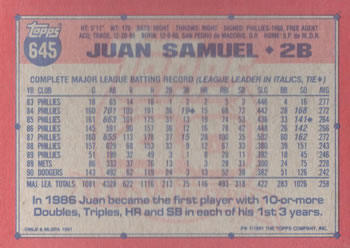 1991 Topps #645 Juan Samuel Back