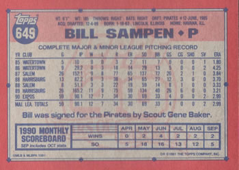 1991 Topps #649 Bill Sampen Back