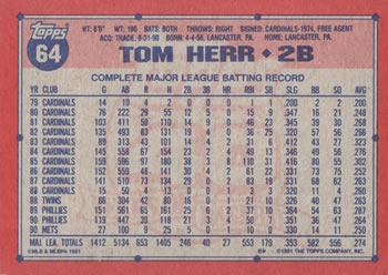 1991 Topps #64 Tom Herr Back