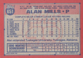 1991 Topps #651 Alan Mills Back