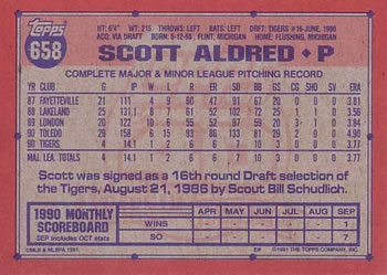 1991 Topps #658 Scott Aldred Back