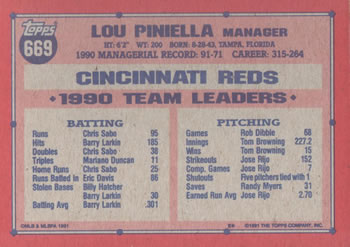 1991 Topps #669 Lou Piniella Back