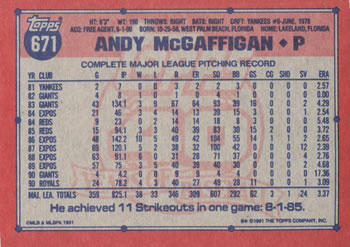 1991 Topps #671 Andy McGaffigan Back