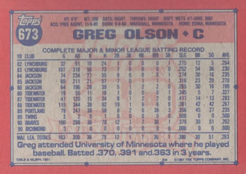 1991 Topps #673 Greg Olson Back