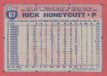1991 Topps #67 Rick Honeycutt Back