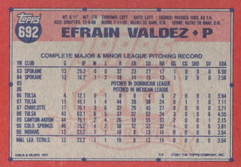 1991 Topps #692 Efrain Valdez Back