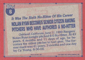 1991 Topps #6 Nolan Ryan Back