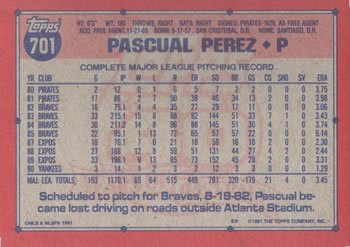 1991 Topps #701 Pascual Perez Back