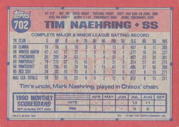 1991 Topps #702 Tim Naehring Back