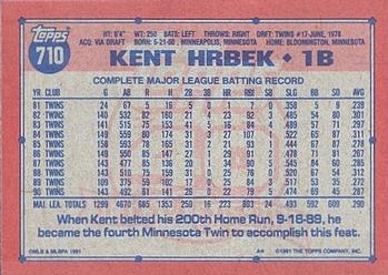 1991 Topps #710 Kent Hrbek Back