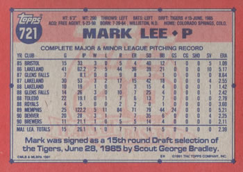 1991 Topps #721 Mark Lee Back