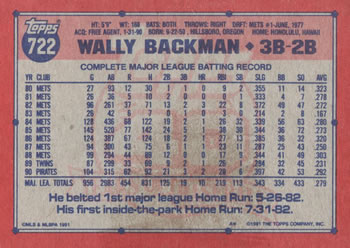 1991 Topps #722 Wally Backman Back