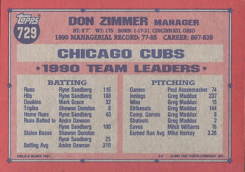 1991 Topps #729 Don Zimmer Back