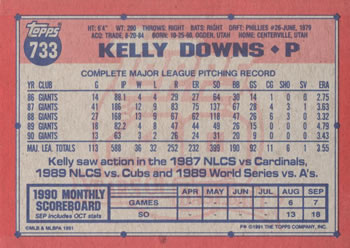 1991 Topps #733 Kelly Downs Back