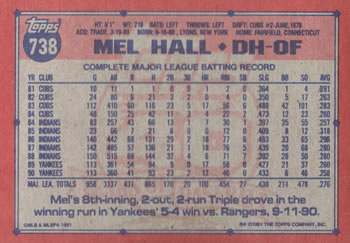 1991 Topps #738 Mel Hall Back