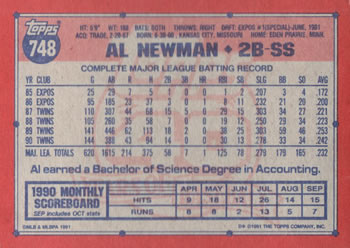1991 Topps #748 Al Newman Back