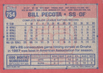 1991 Topps #754 Bill Pecota Back