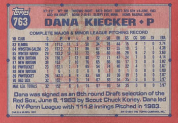 1991 Topps #763 Dana Kiecker Back