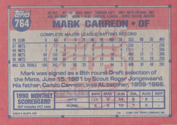 1991 Topps #764 Mark Carreon Back