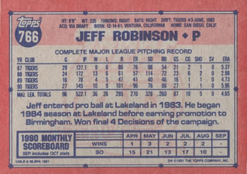 1991 Topps #766 Jeff Robinson Back