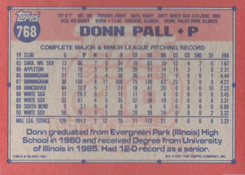 1991 Topps #768 Donn Pall Back
