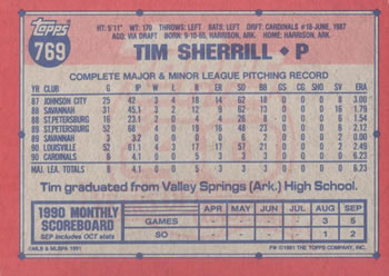 1991 Topps #769 Tim Sherrill Back